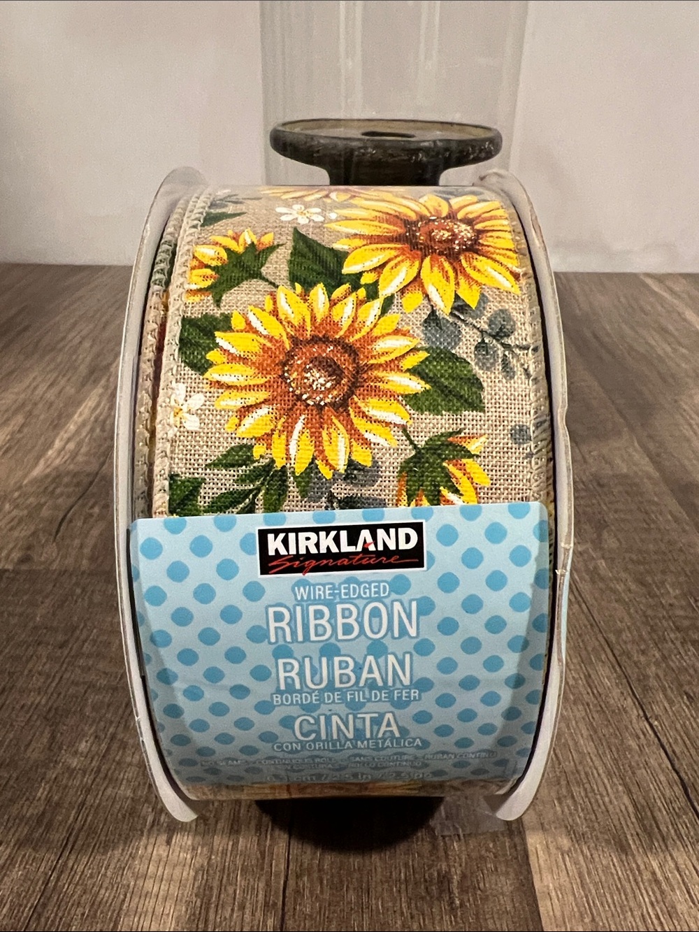 Kirkland Signature Sunflower Decorative Wired Ribbon - Yellow & Green on Natural